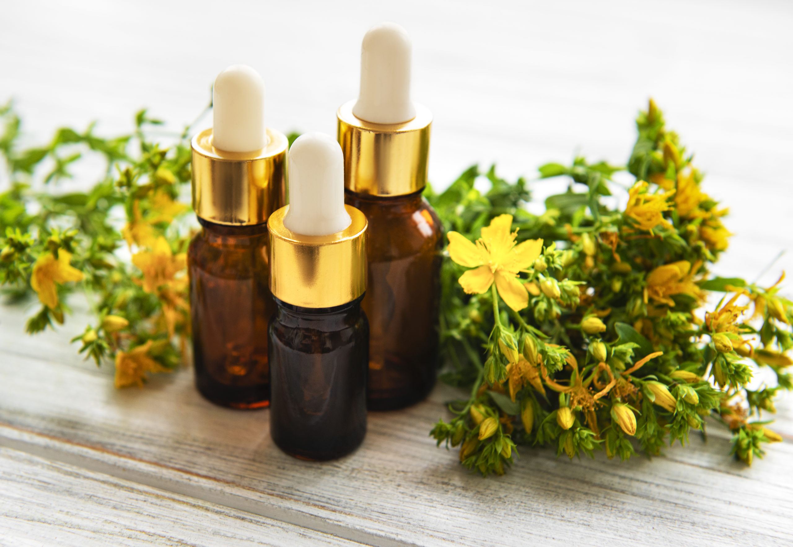 Bottles with St. John's wort extract on the wooden table