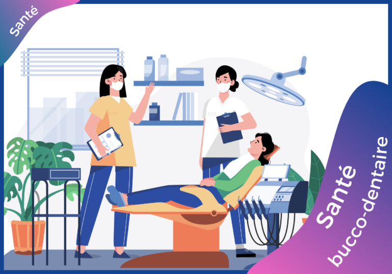 santé bucco-dentaire : on voit une patiente assise sur un siège de dentiste, autour d'elle se trouvent une dentiste et son assistante