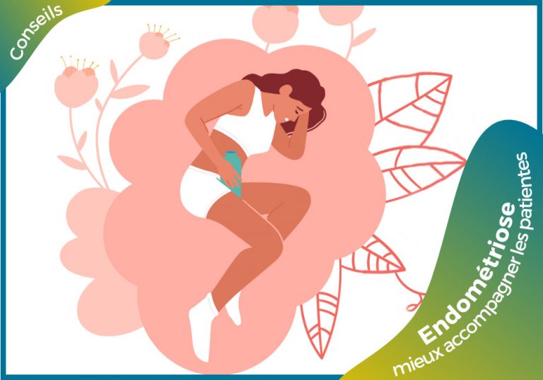 endométriose : une femme est couchée et semble avoir mal au ventre, elle tient une bouillotte contre son ventre