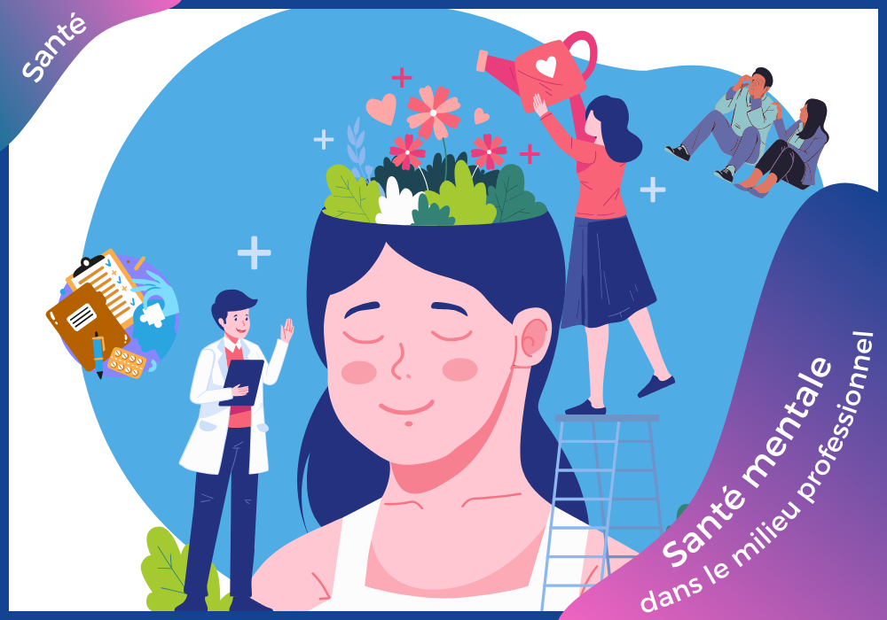 Santé mentale au travail : une femme a le cerveau ouvert et on y arrose des fleurs.