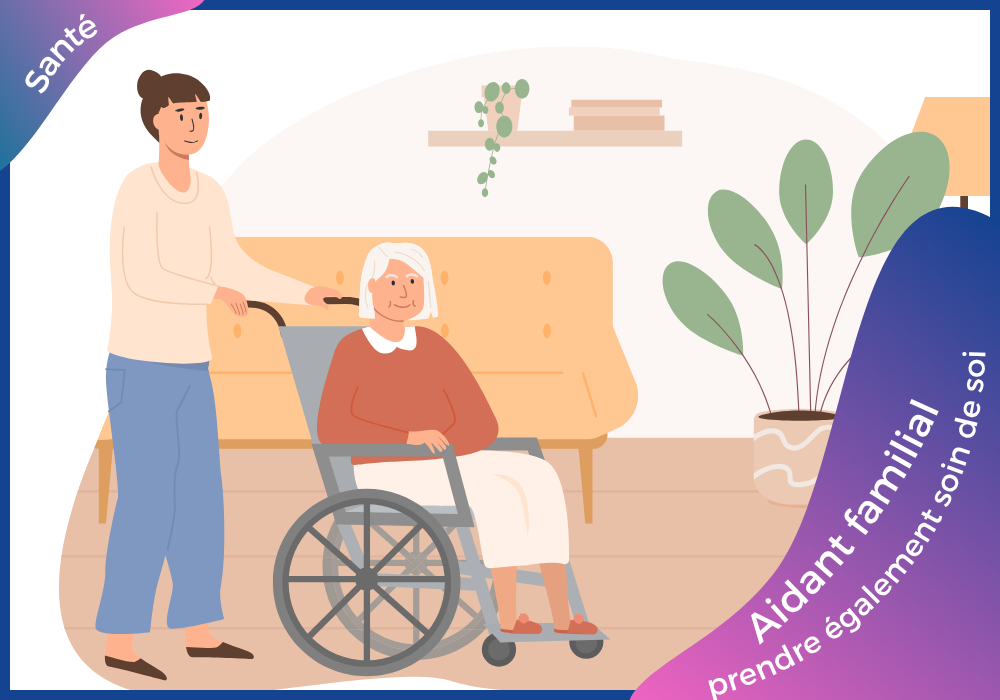 Aidant familial : une femme jeune pousse une femme âgée en fauteuil